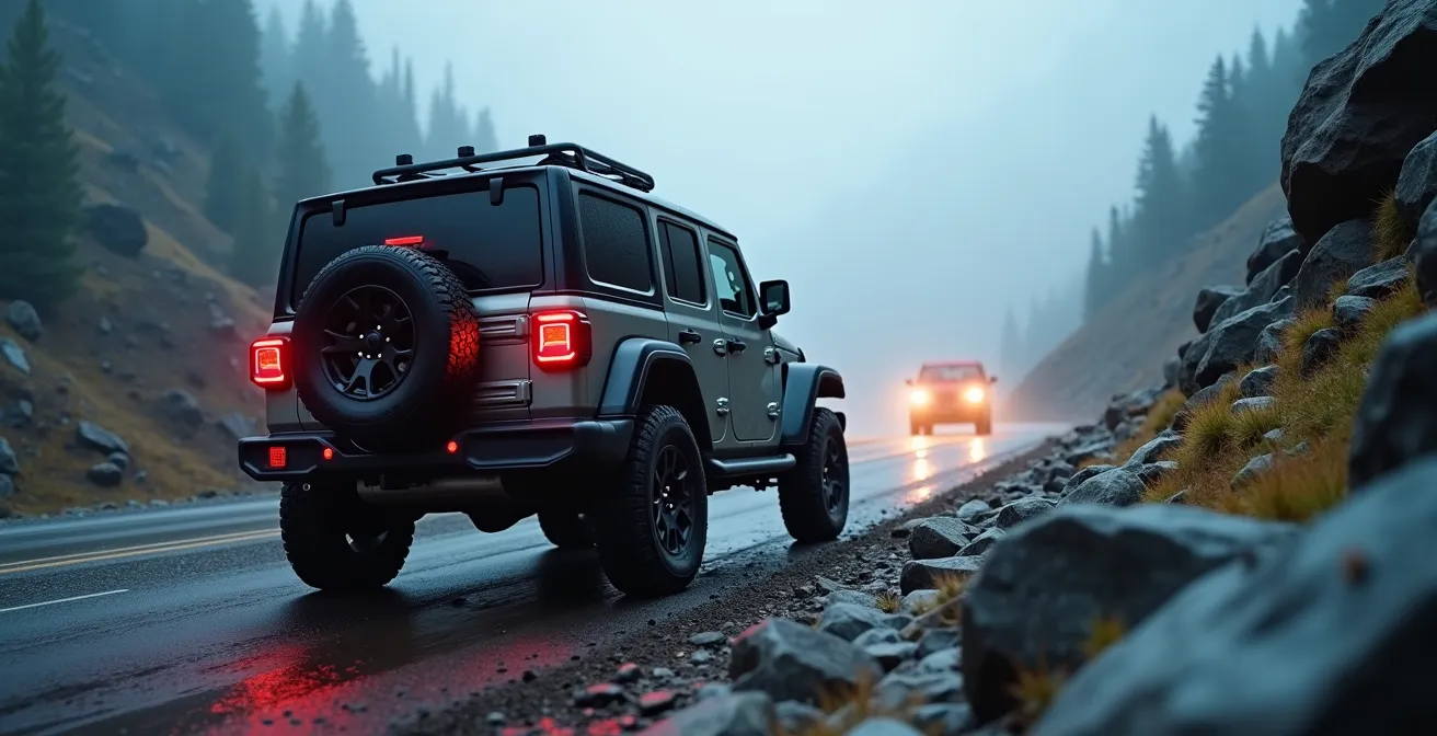 4x4 vehicle carefully descending steep Coquihalla pass using engine braking