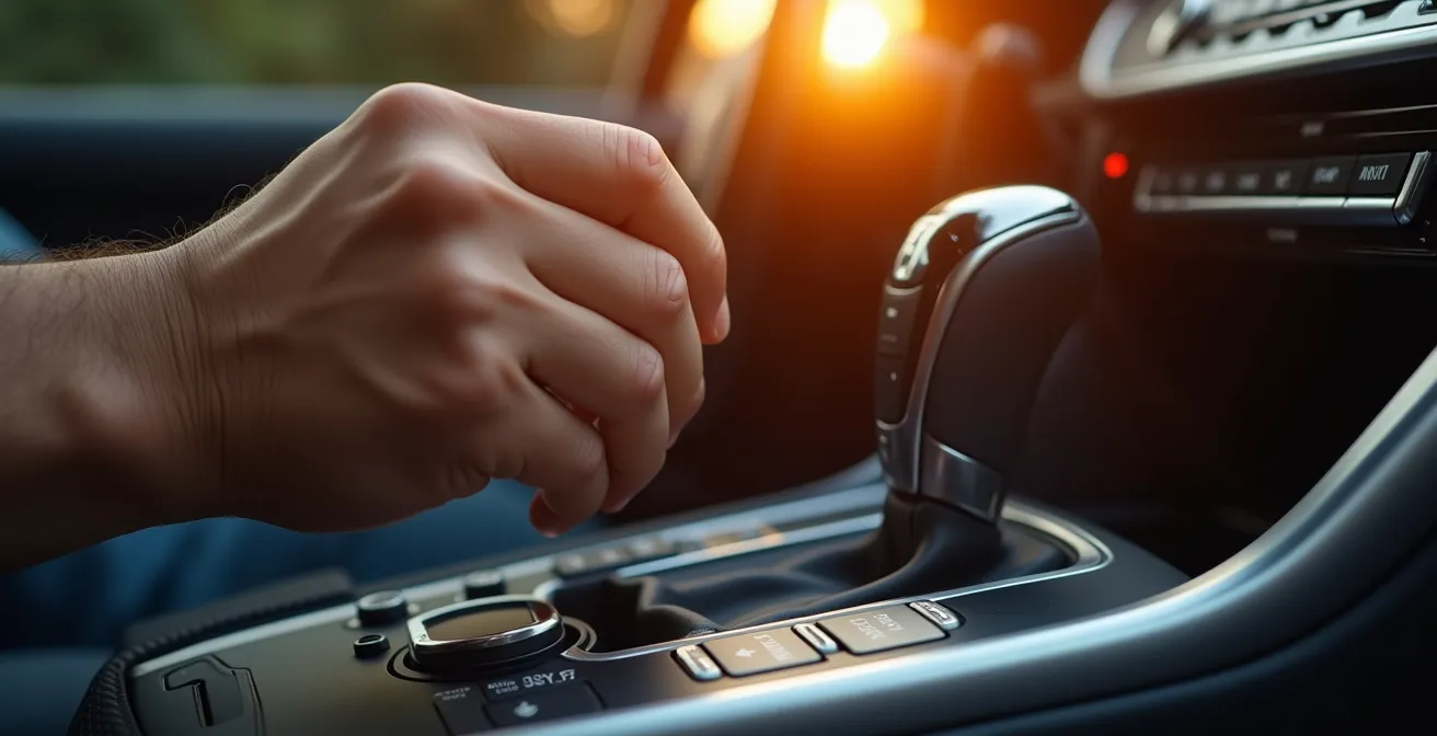 Close-up macro shot of automatic transmission gear selector showing P-R-N-D positions during testing sequence