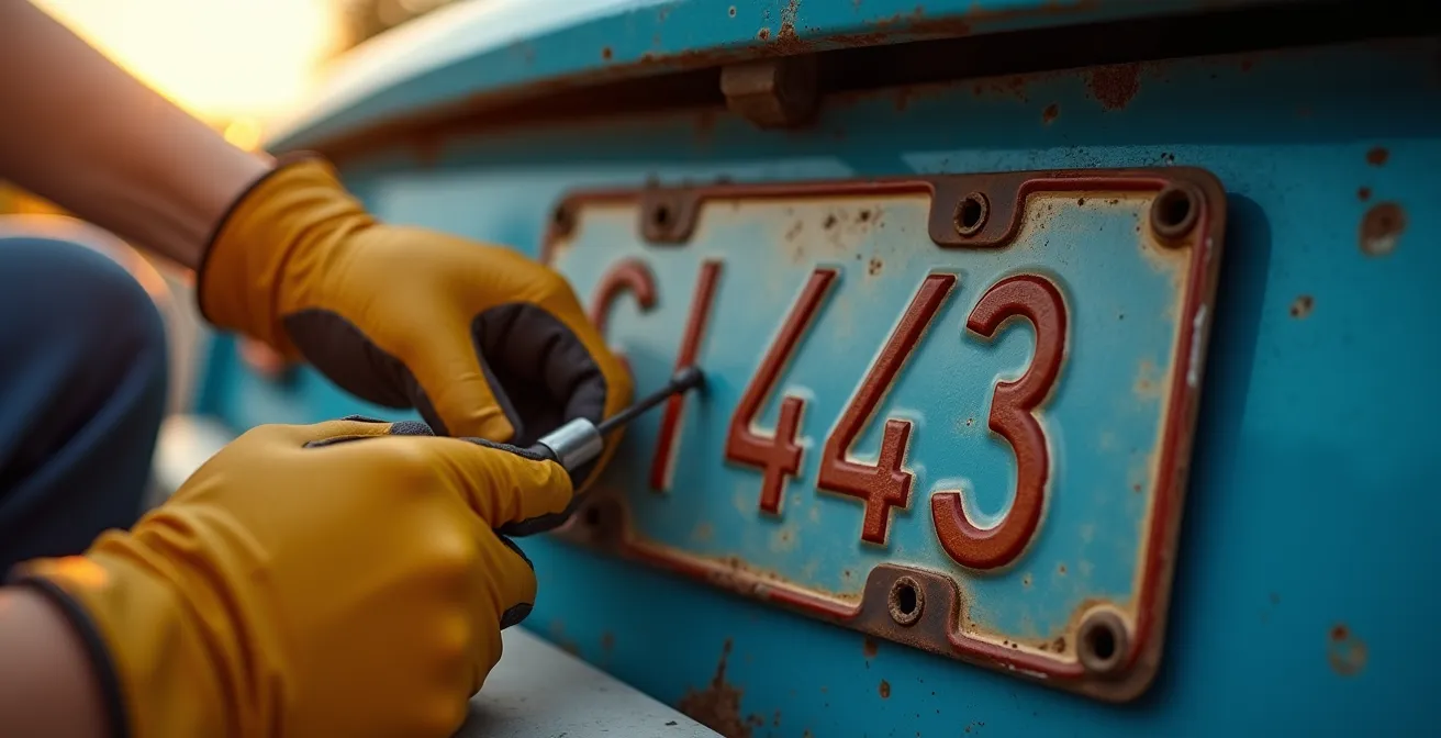 Close-up of hands removing a license plate from a vehicle