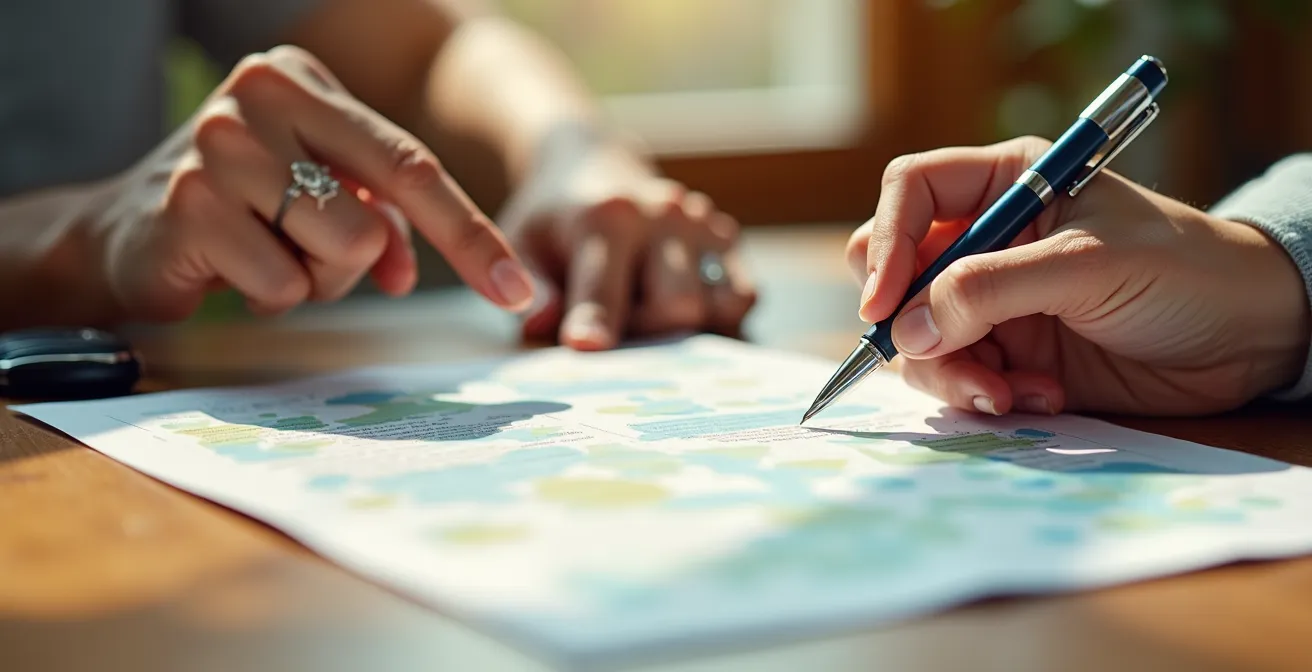 Two people reviewing car sale documents at a table