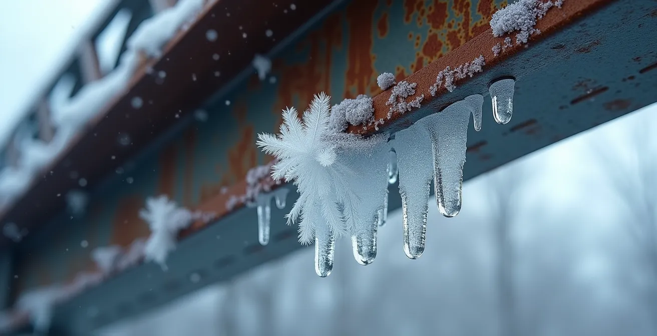 Macro view of ice crystal formation on bridge structure showing cold air flow patterns