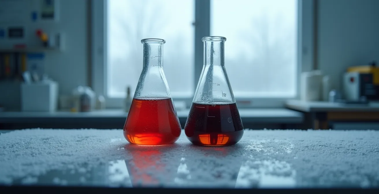 Split comparison showing fresh red transmission fluid versus burnt brown fluid in clear containers