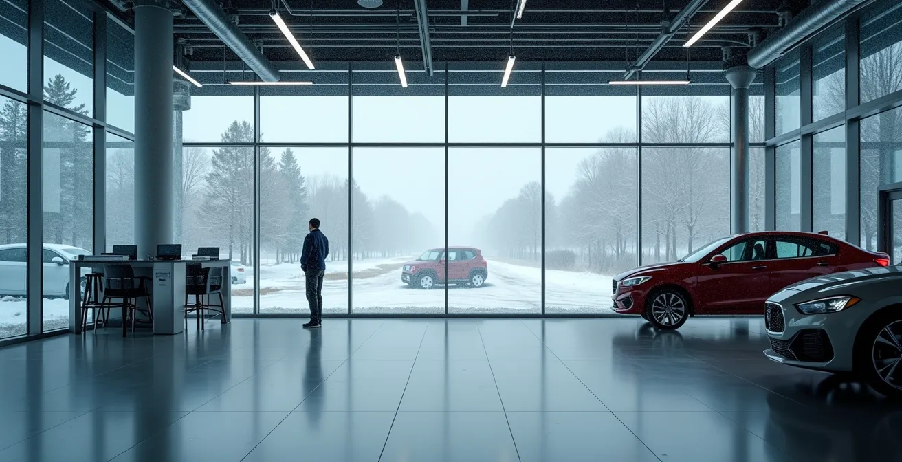 Empty car dealership during Canadian winter storm showing timing opportunity