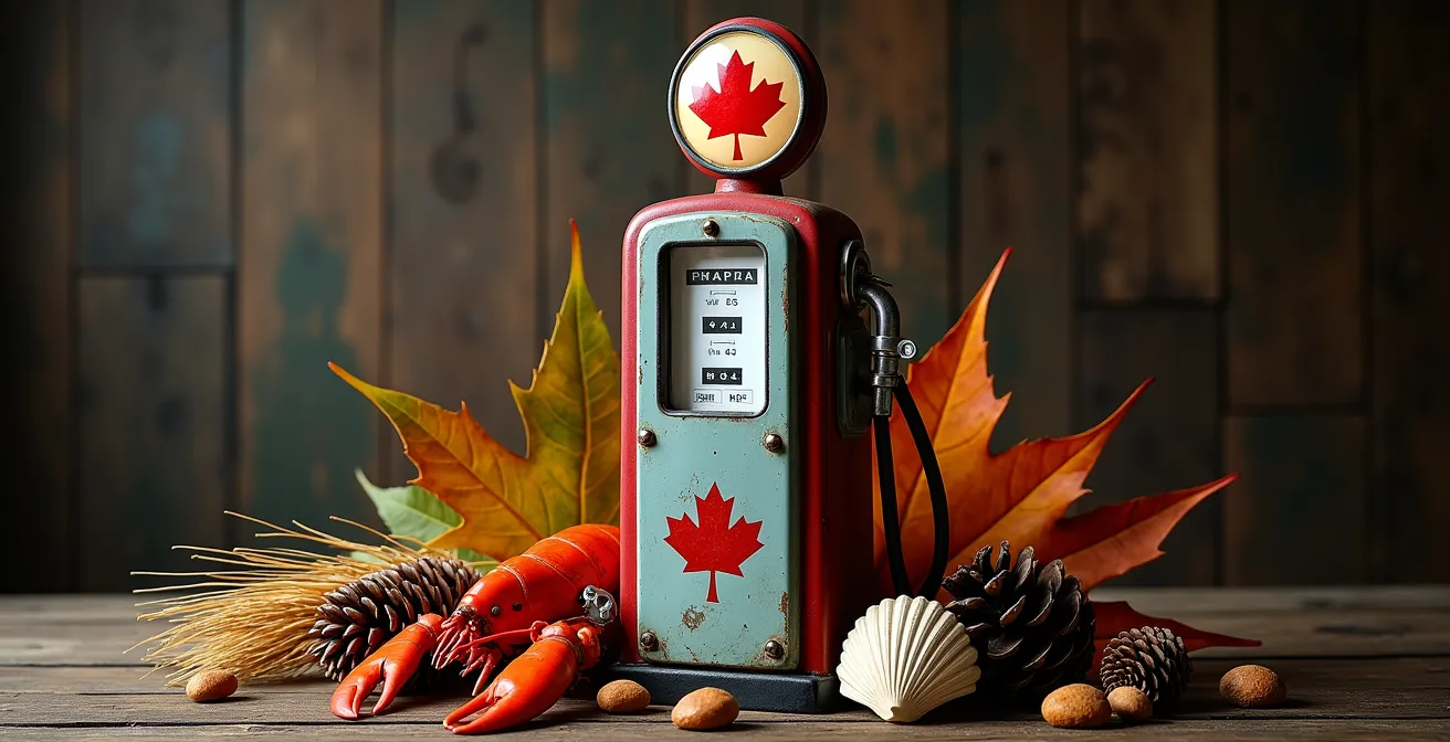 Visual representation of gas price variations across Canadian provinces with a fuel pump and Canadian landscape