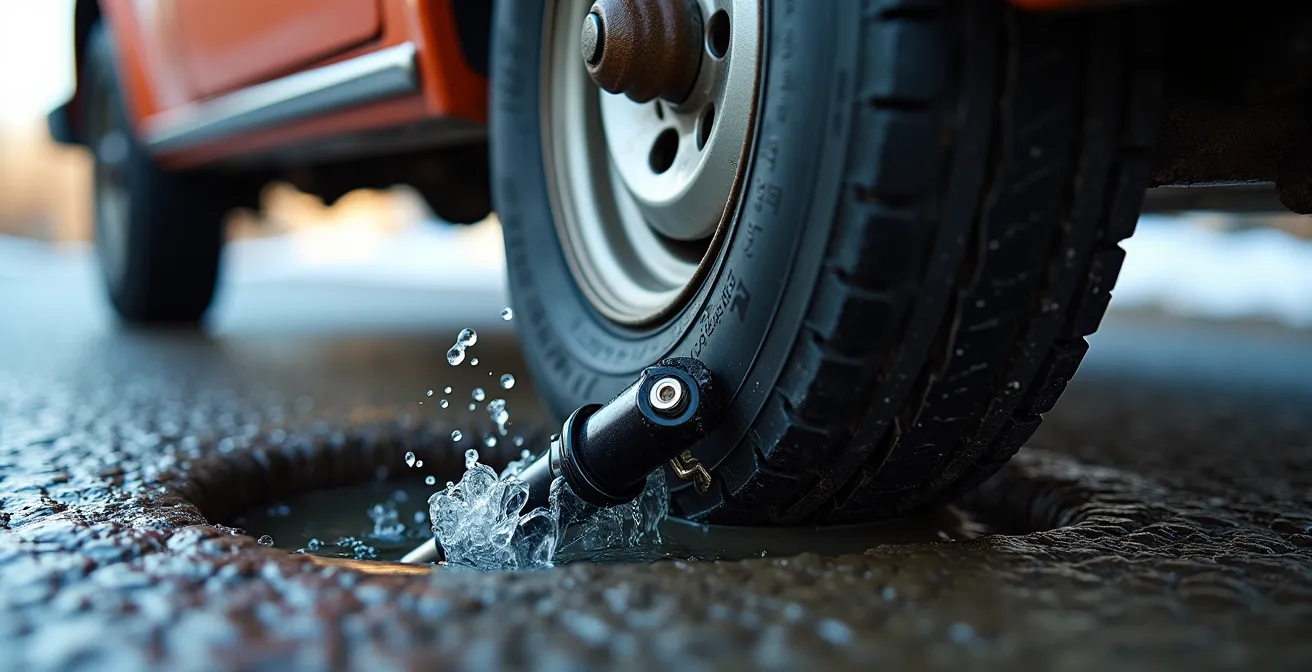 Close-up of vehicle wheel hitting a pothole to test shock absorber response