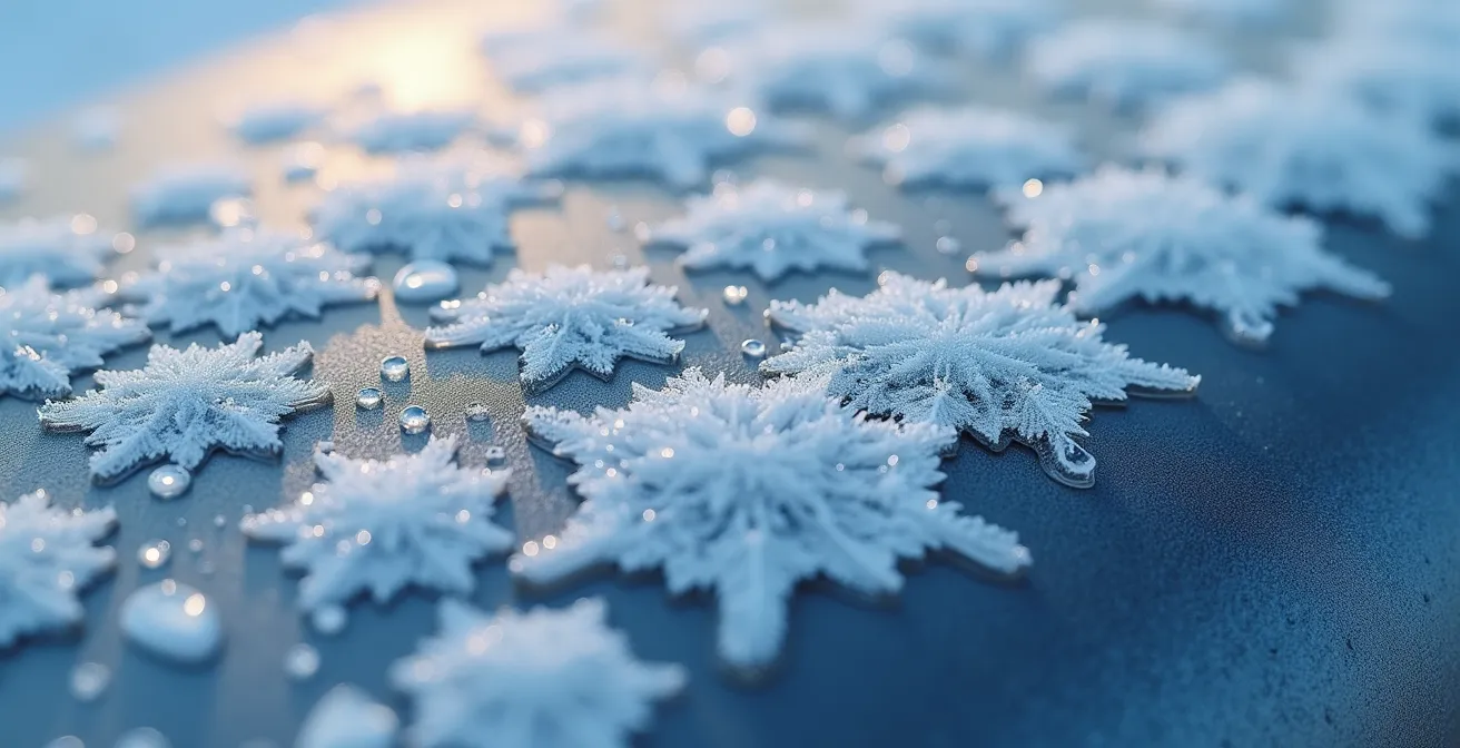 Extreme close-up of ice crystals forming on car surface showing winter's impact on vehicles