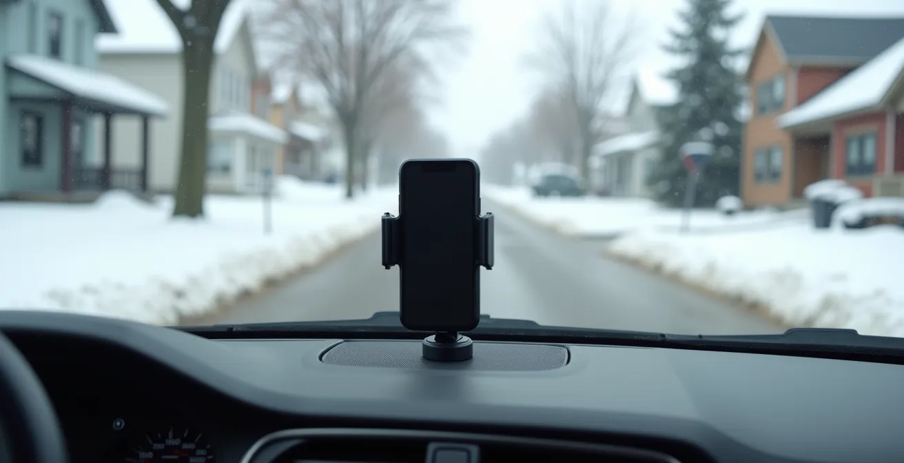 A wide-angle view of a car interior with a phone mount on the dashboard, showing a snowy Canadian suburban street through the windshield.
