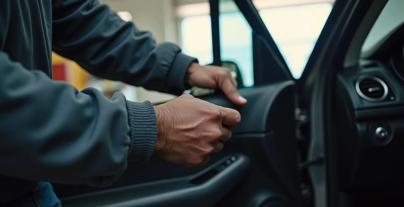 Close-up of weatherstripping installation on vehicle door frame
