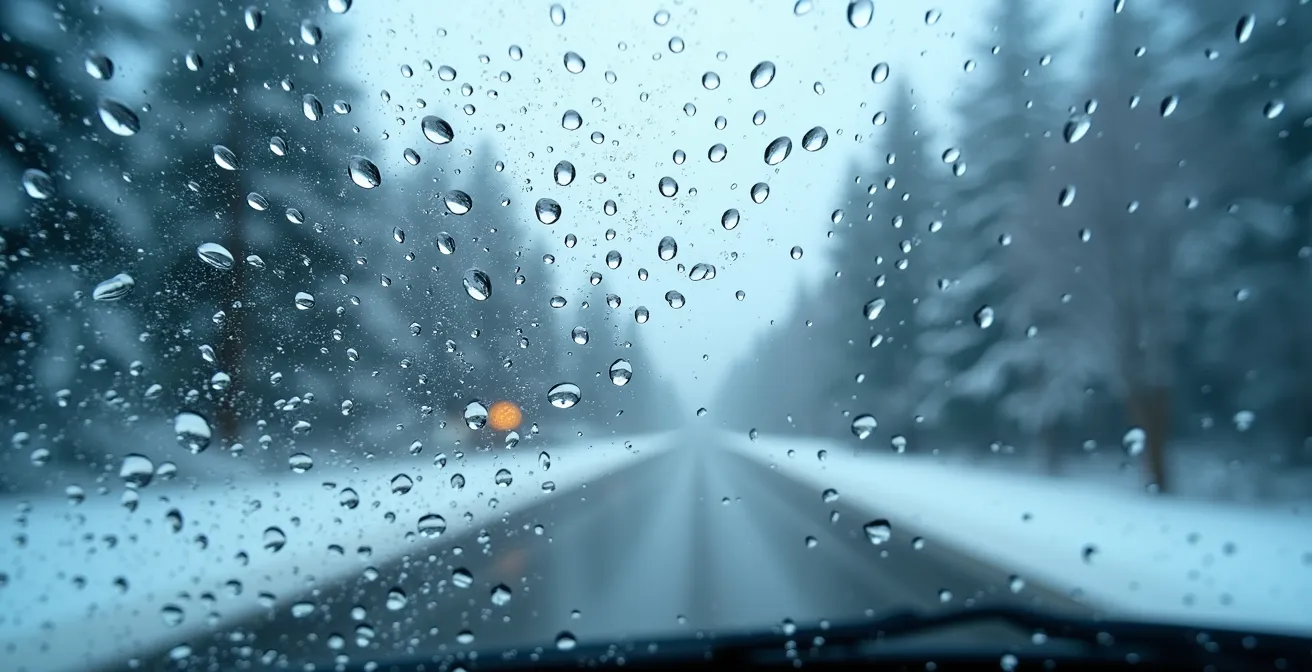 Macro shot of condensation forming on cold car window glass in winter conditions