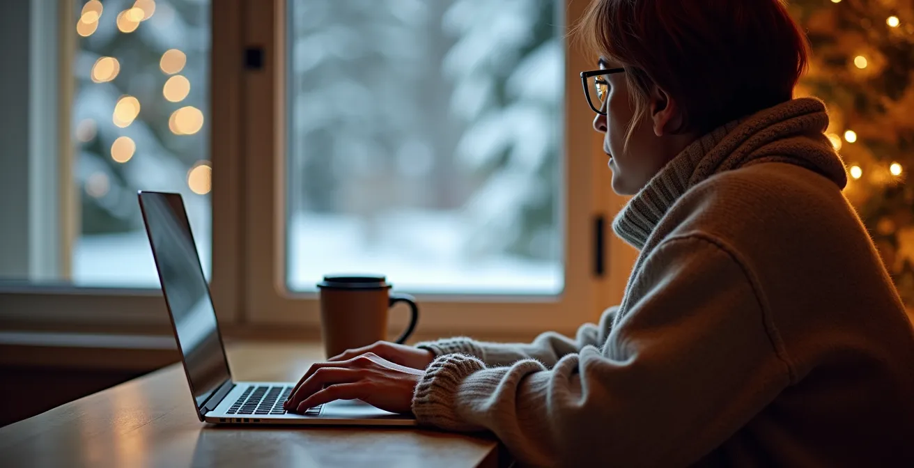 Person researching vehicle information on a laptop in a cozy Canadian home with a winter view through the window.
