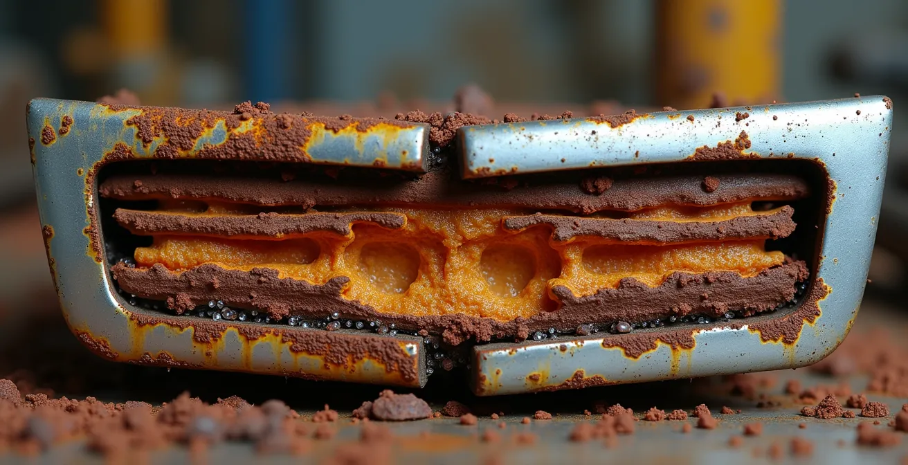 Extreme close-up of a rusted rocker panel cross-section, showing the layers of internal corrosion.