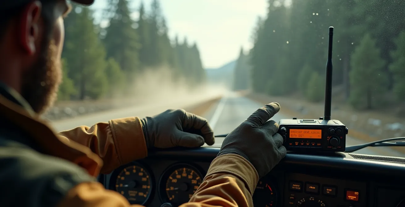 Driver's hand adjusting two-way radio while navigating dusty Canadian forest service road