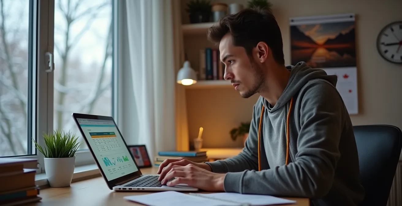 Person reviewing credit score on laptop in bright Canadian home office