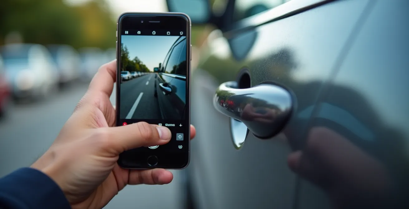 Close-up of a hand holding a smartphone to meticulously inspect and record the condition of a car's paint before rental.