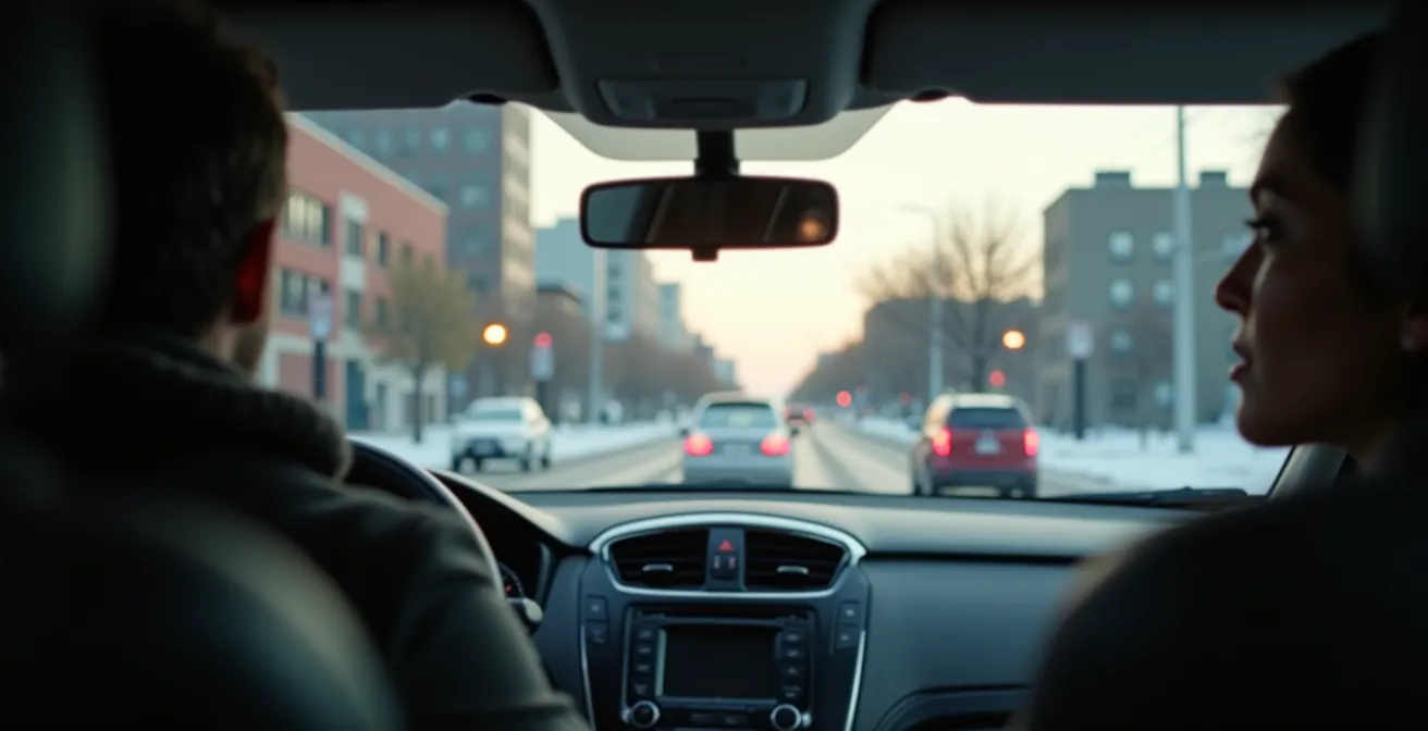 Close-up of driver making eye contact at intersection for safety verification