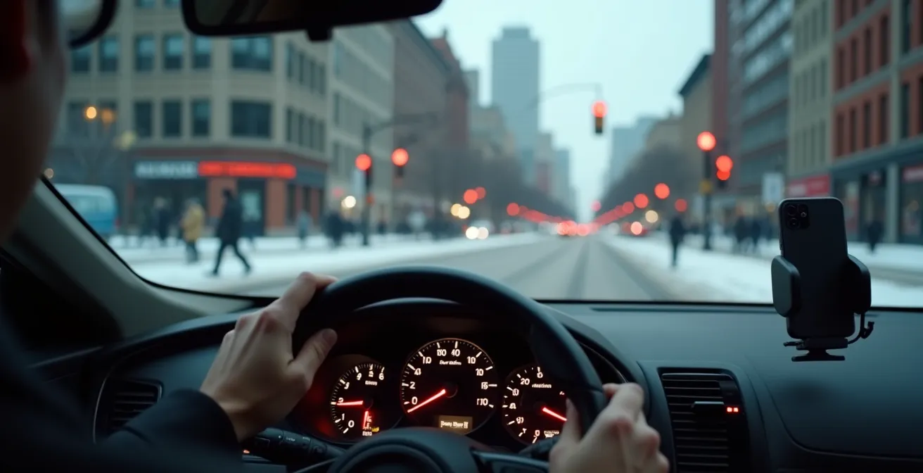 Driver's view at red light intersection in Toronto showing dashboard and traffic ahead