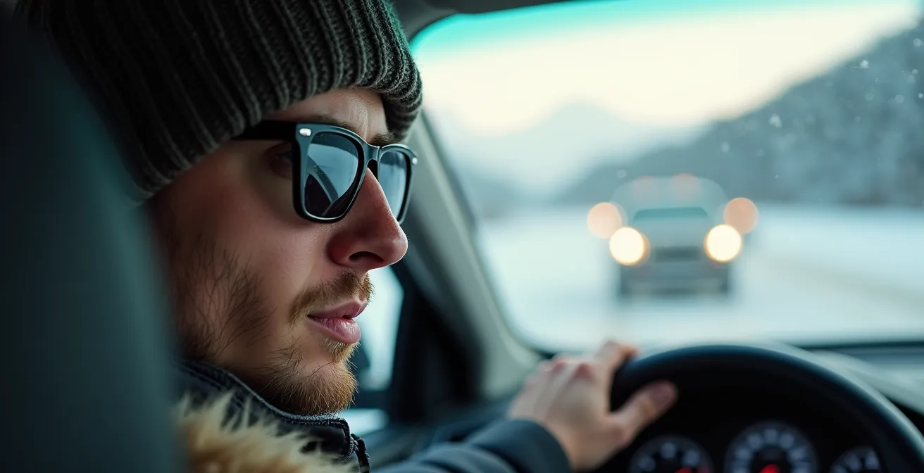 Driver's perspective showing proper horizon scanning technique on snowy highway