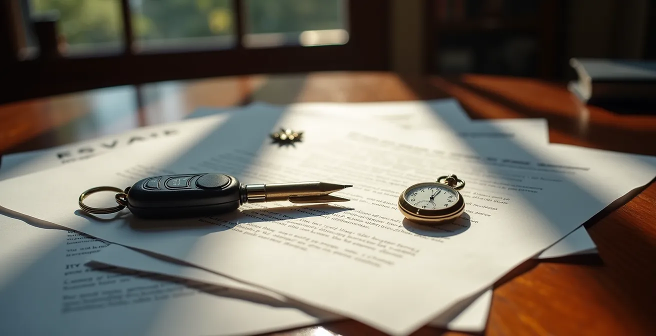 Legal documents and vehicle keys arranged on a wooden desk for an estate transfer process in Canada