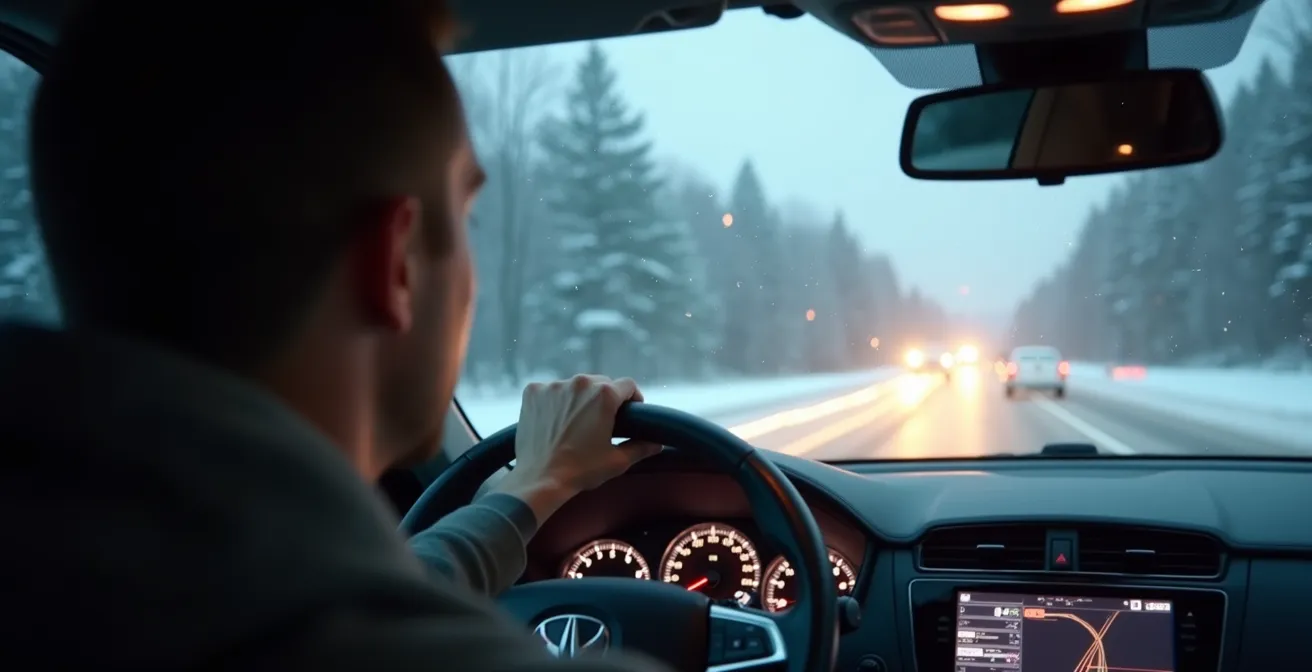 Visual guide showing the three-point eye scanning pattern for maintaining orientation during whiteout driving