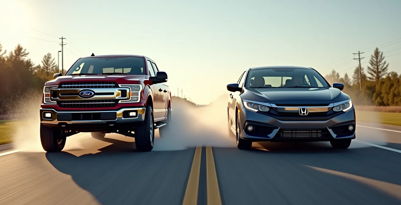 Split-view comparison of F-150 truck and Honda Civic showing weight transfer during emergency braking