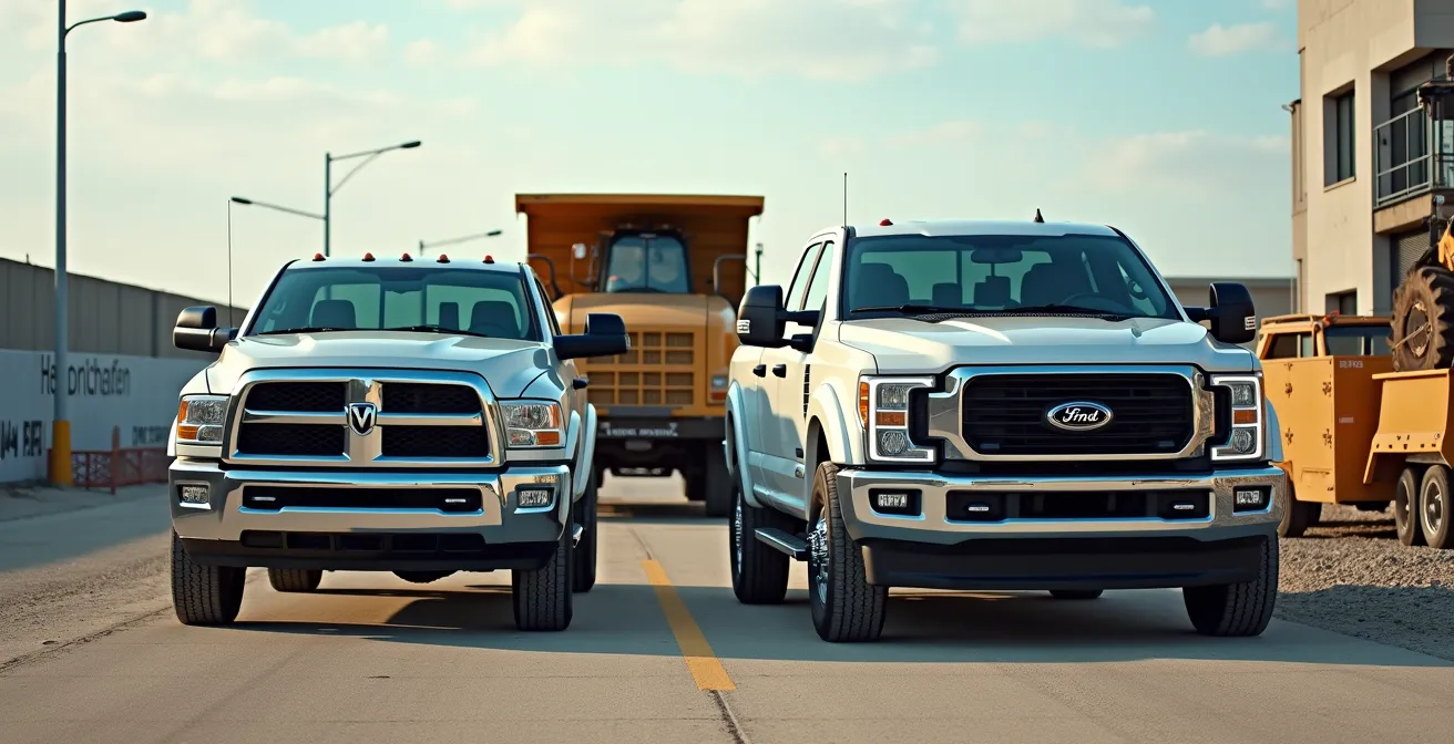 Side-by-side comparison of two pickup trucks at a Canadian construction site showing size difference
