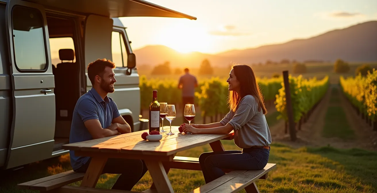 Small RV parked at scenic vineyard in British Columbia's Okanagan Valley during golden hour