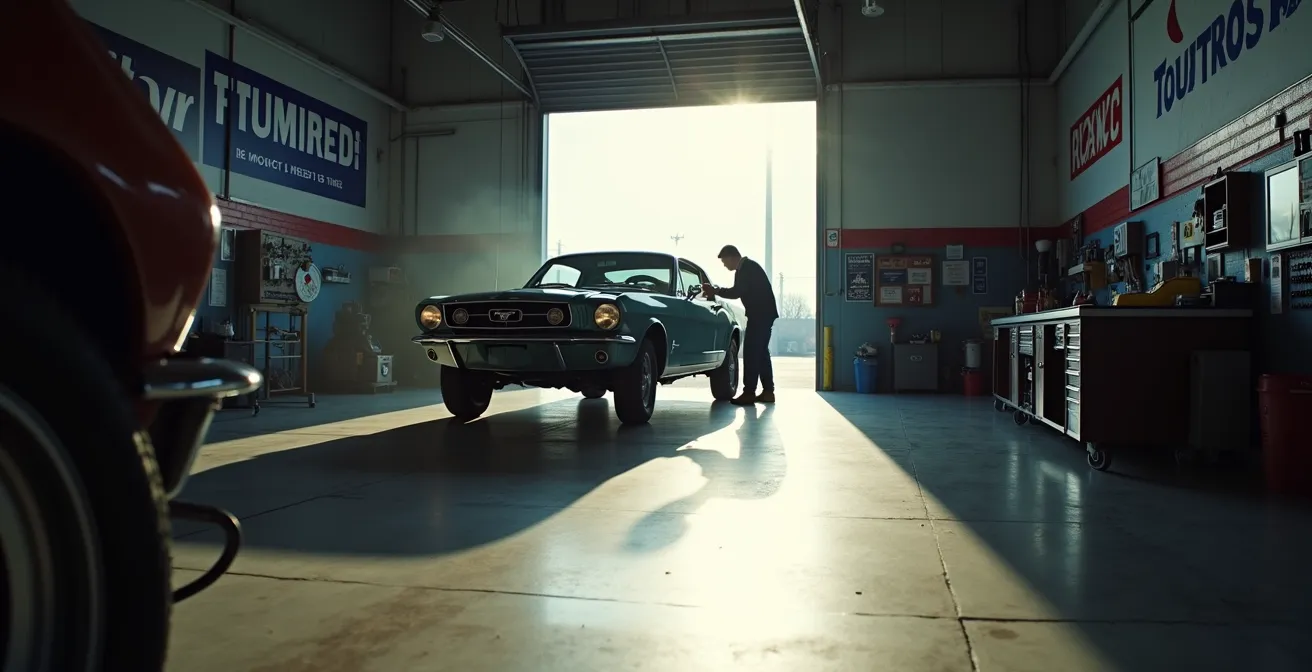 Wide shot of independent auto garage with mechanic inspecting vehicle on hoist