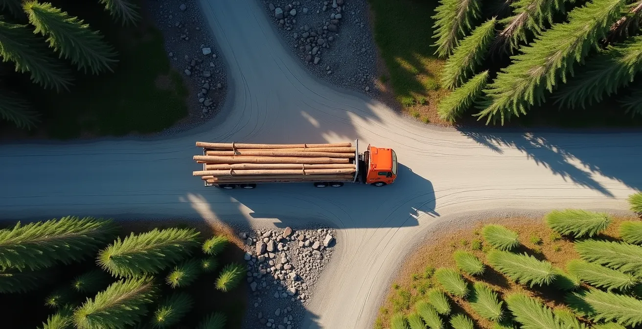 Aerial view showing the massive turning radius of a long-log truck navigating a forest road switchback