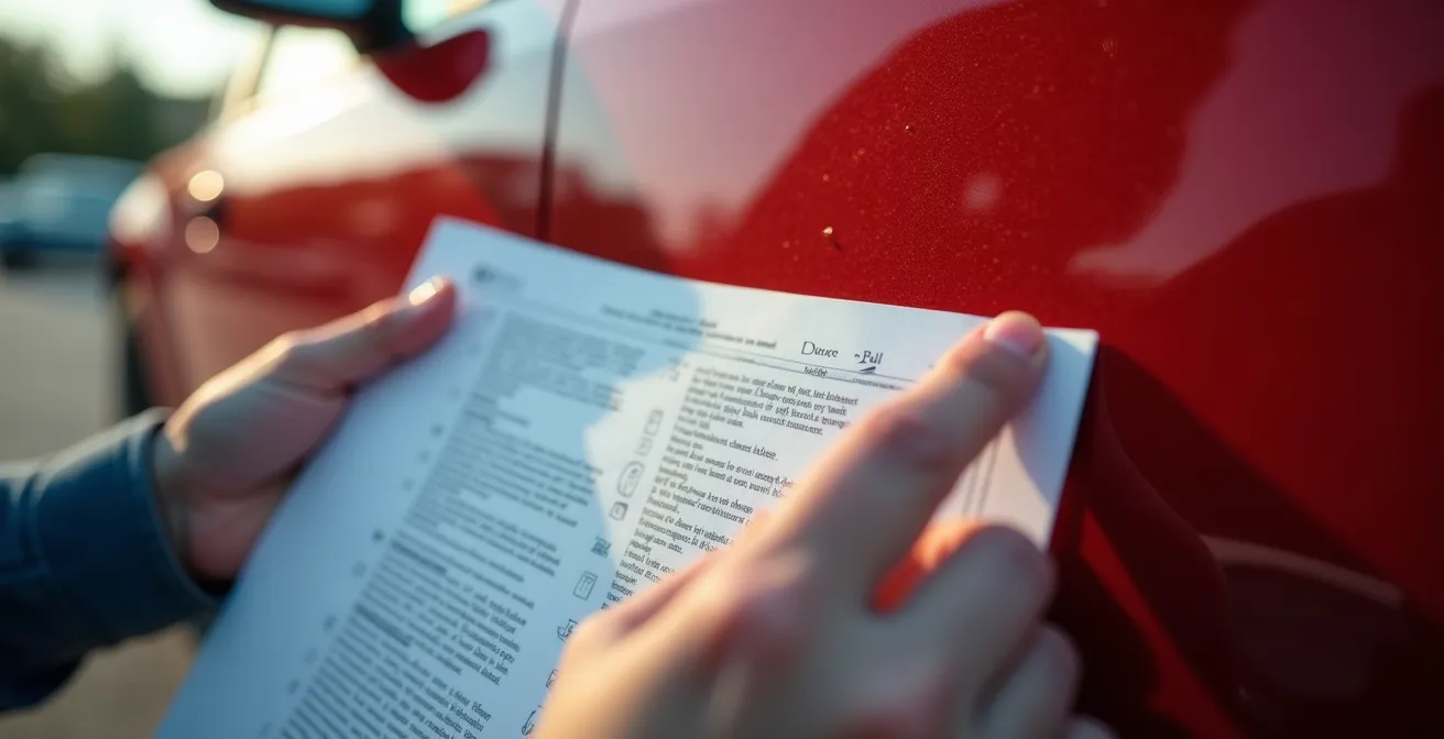 Extreme close-up detail of vehicle surface inspection for negotiation