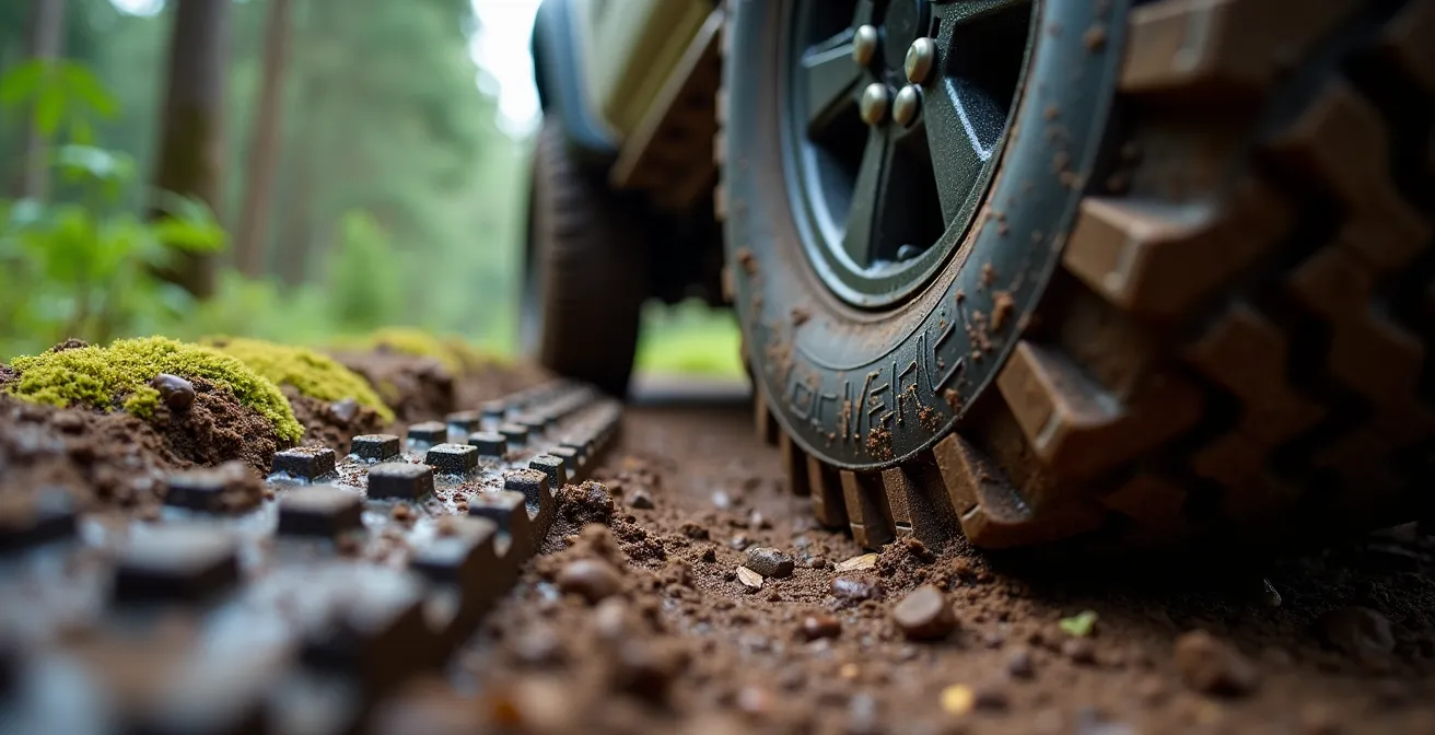 Extreme close-up of heavy-duty traction board gripping into muddy tire tread pattern in forest setting