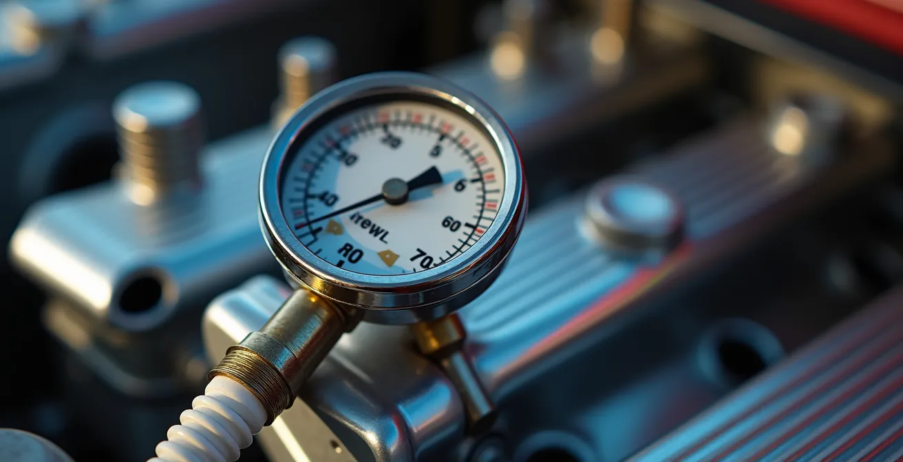 Extreme close-up of compression gauge attached to engine cylinder