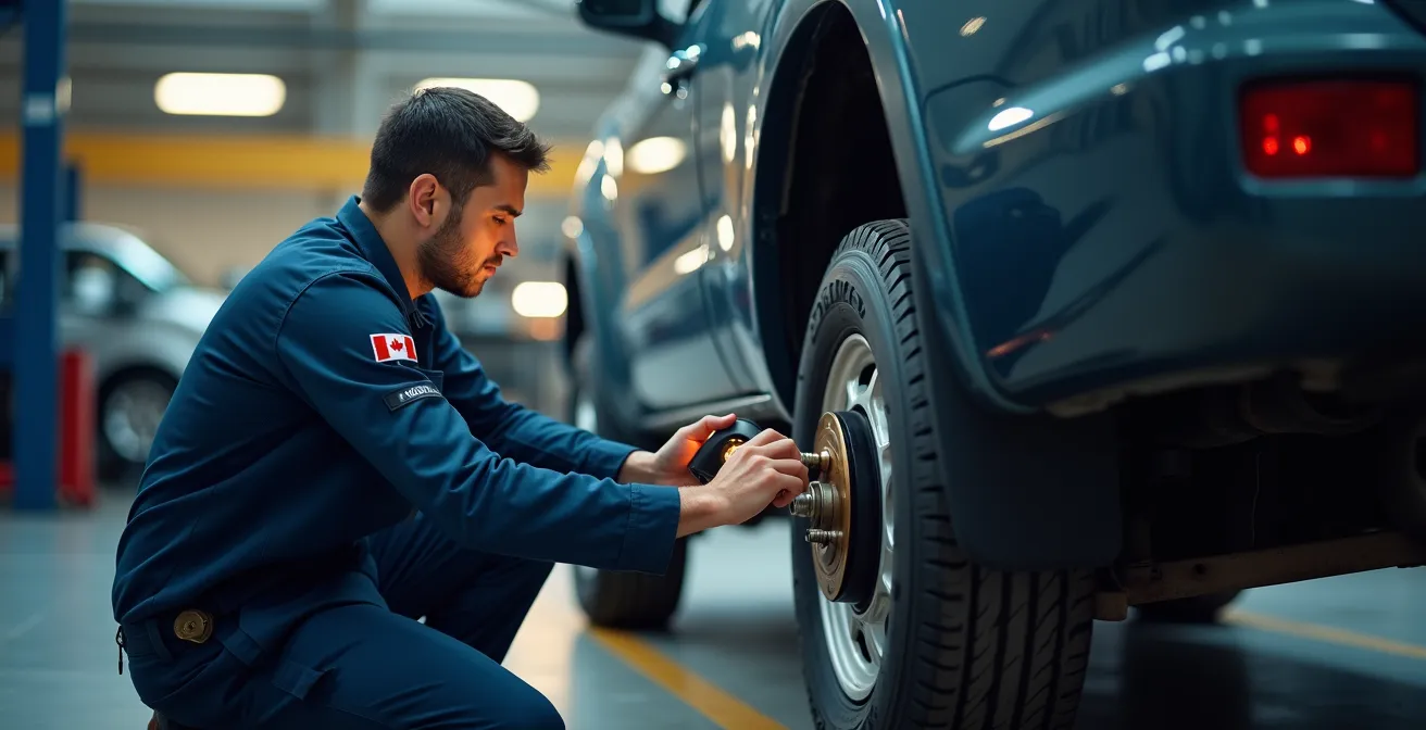 A wide shot of a certified Canadian inspection station, with a mechanic in uniform examining the suspension components of a vehicle on a lift.