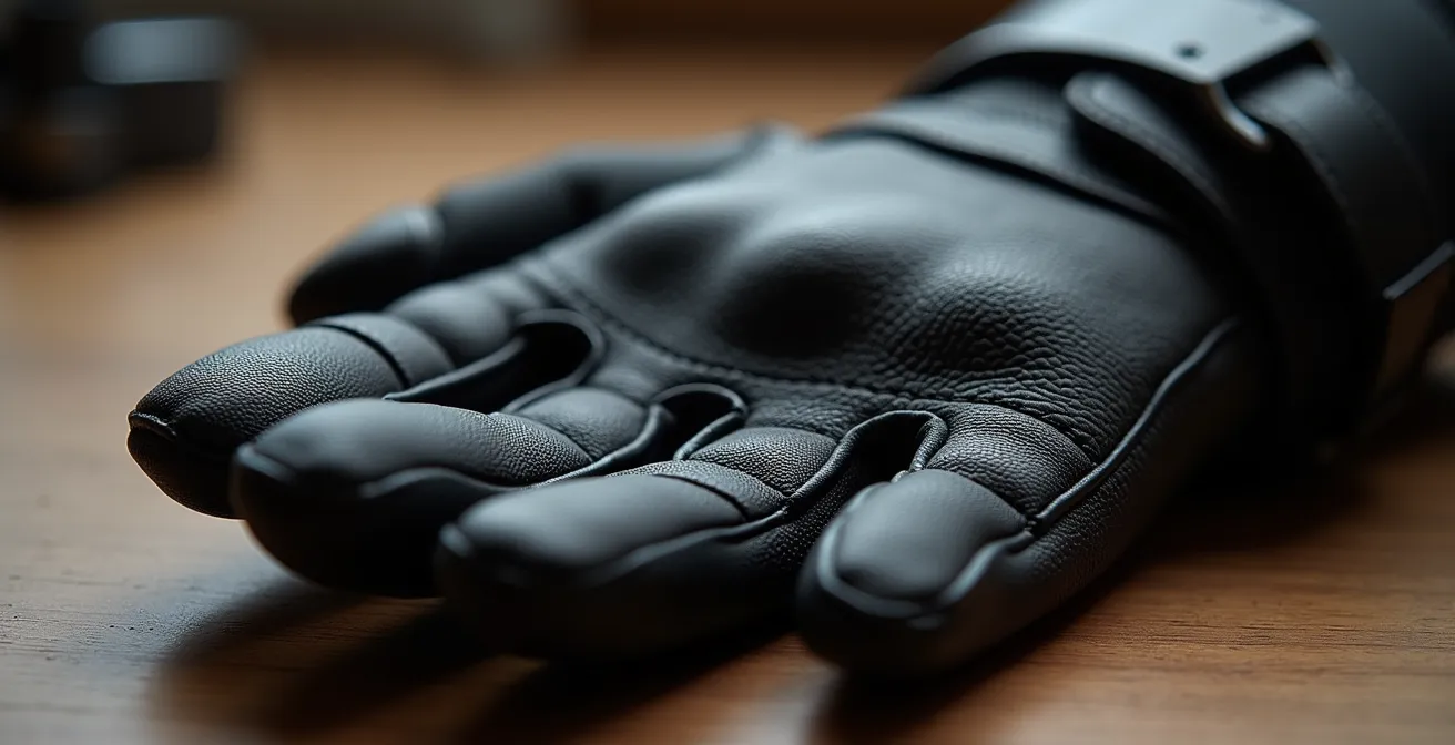 Macro detail of motorcycle glove palm slider and wrist retention system