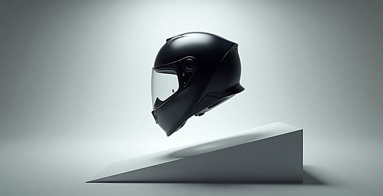 ECE 22.06 rotational impact testing setup showing helmet on angled anvil