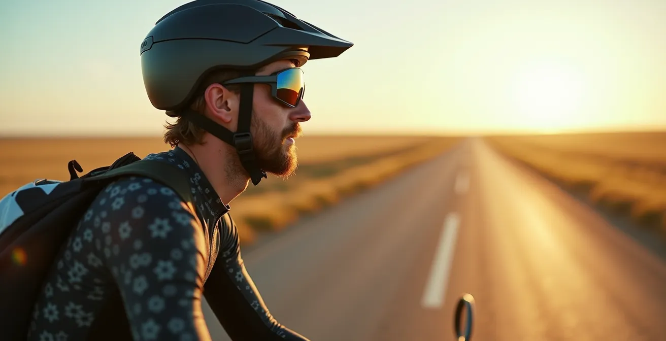 Rider wearing hydration backpack system on motorcycle in hot Canadian summer