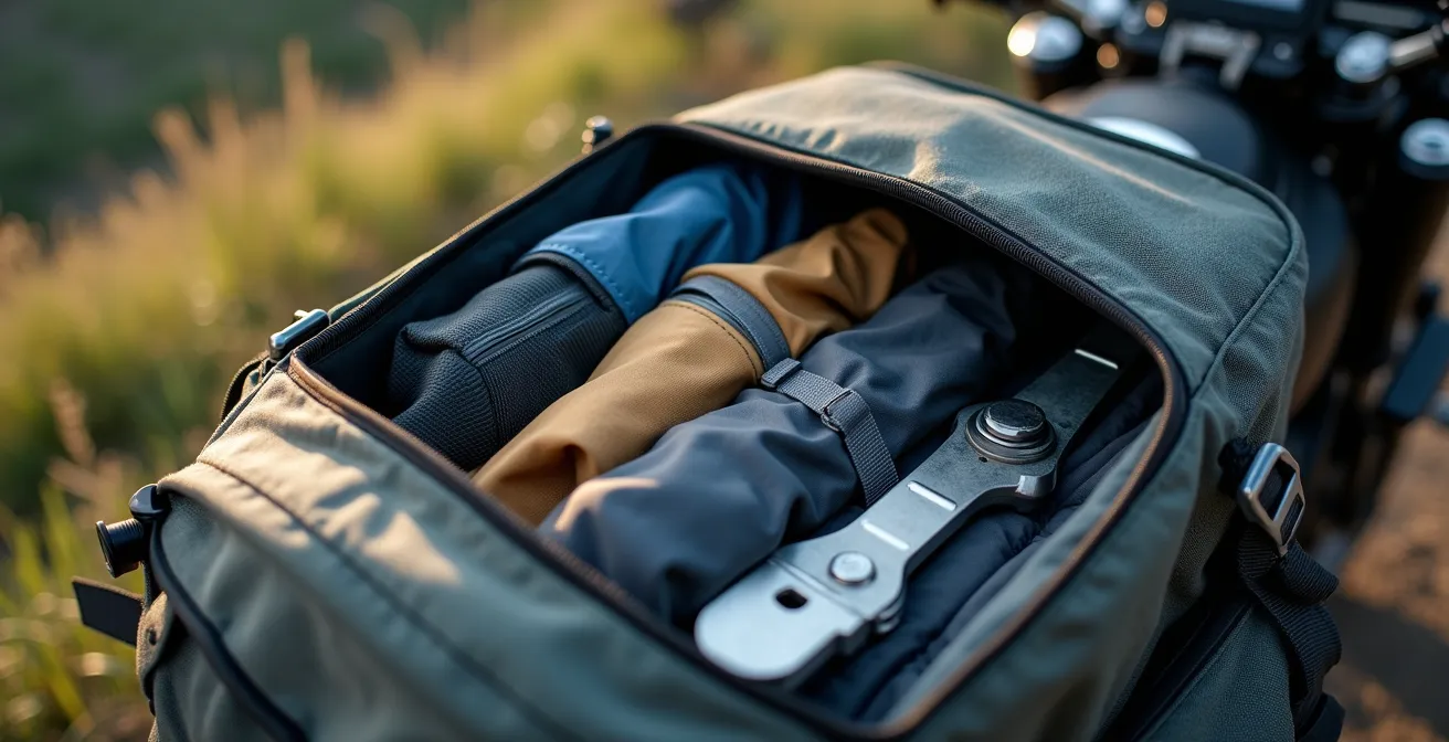 Cross-section view of loaded motorcycle panniers showing heavy items at bottom