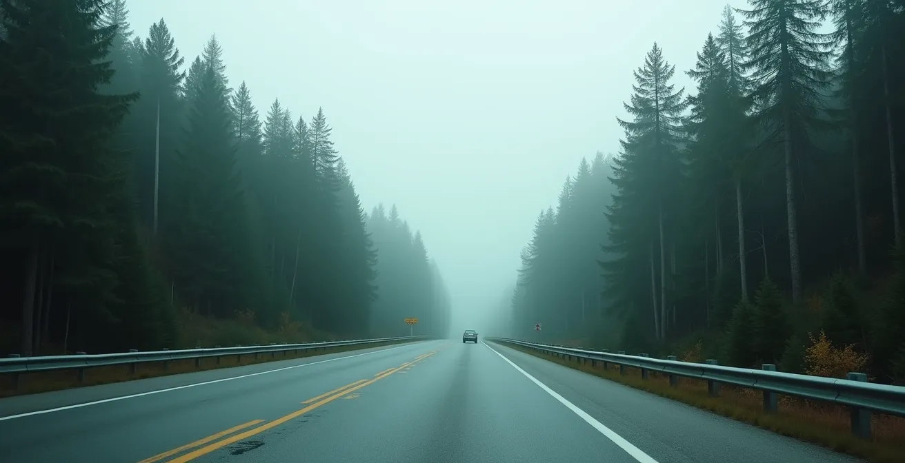 Remote section of Trans-Canada Highway through Northern Ontario forest with no cell towers visible