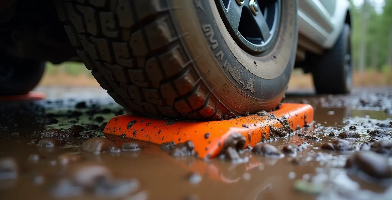 Close-up of traction boards being positioned under a vehicle tire in muddy terrain