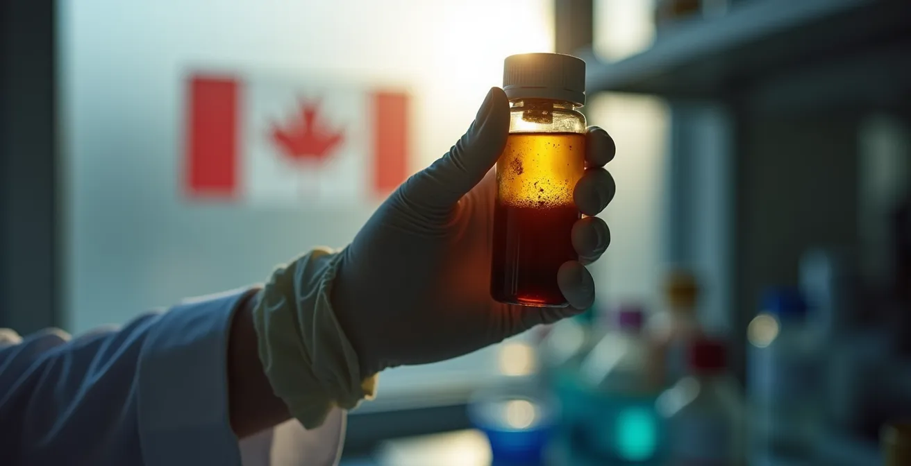 Laboratory technician analyzing dark oil sample with testing equipment in background