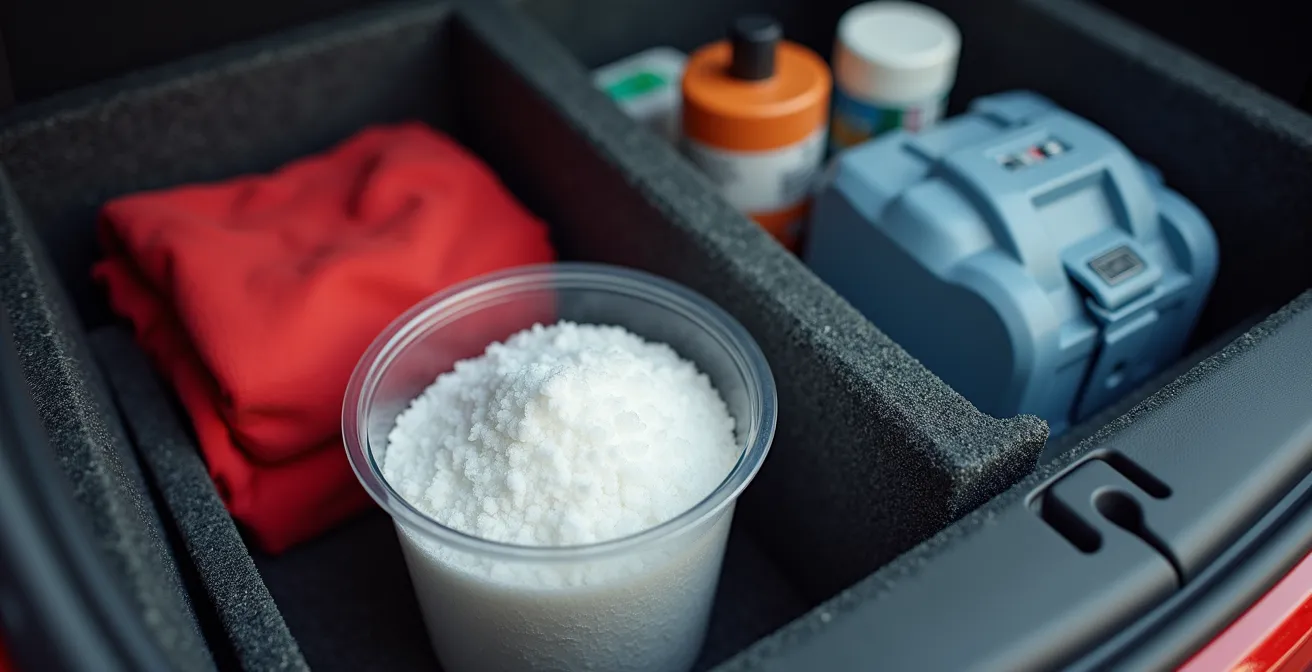 Organized vehicle trunk with emergency winter supplies neatly arranged