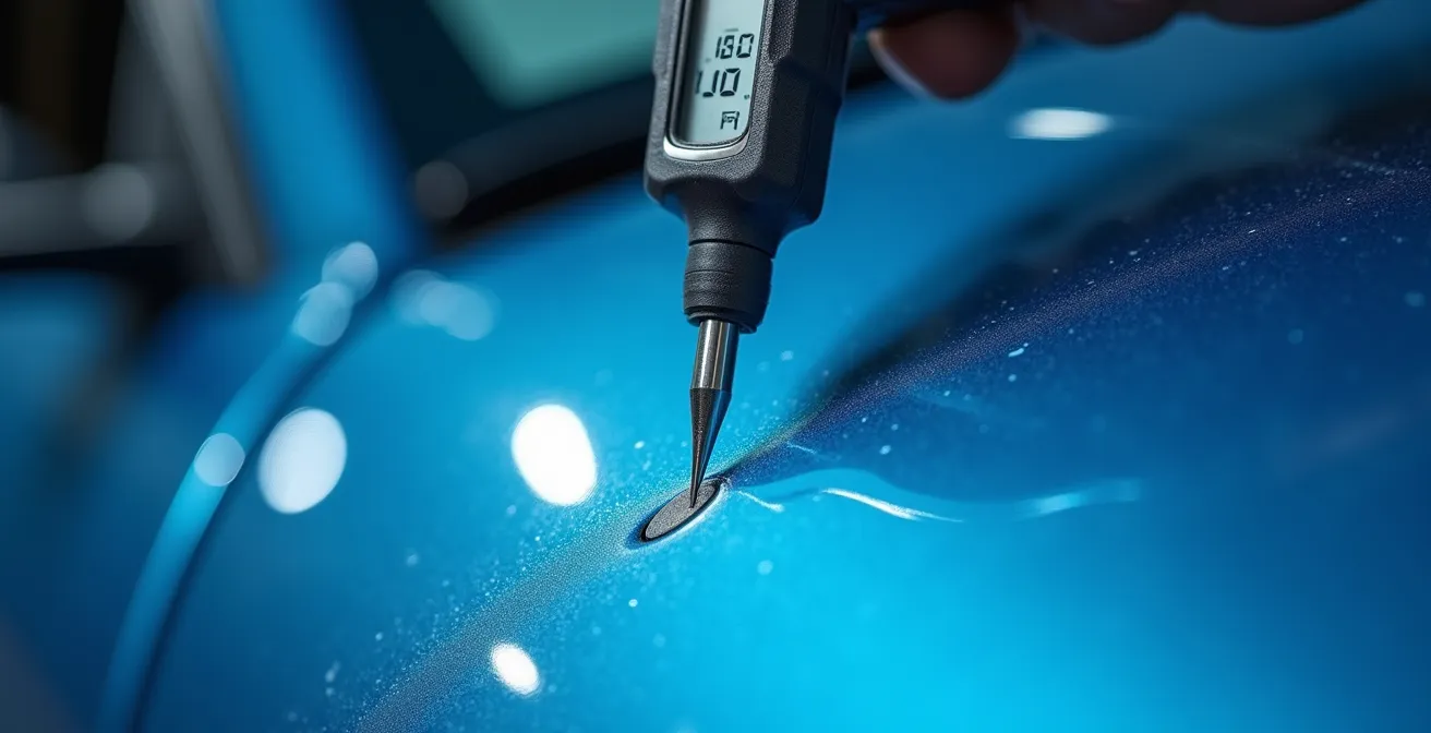 Macro view of paint depth gauge revealing thick body filler on vehicle panel