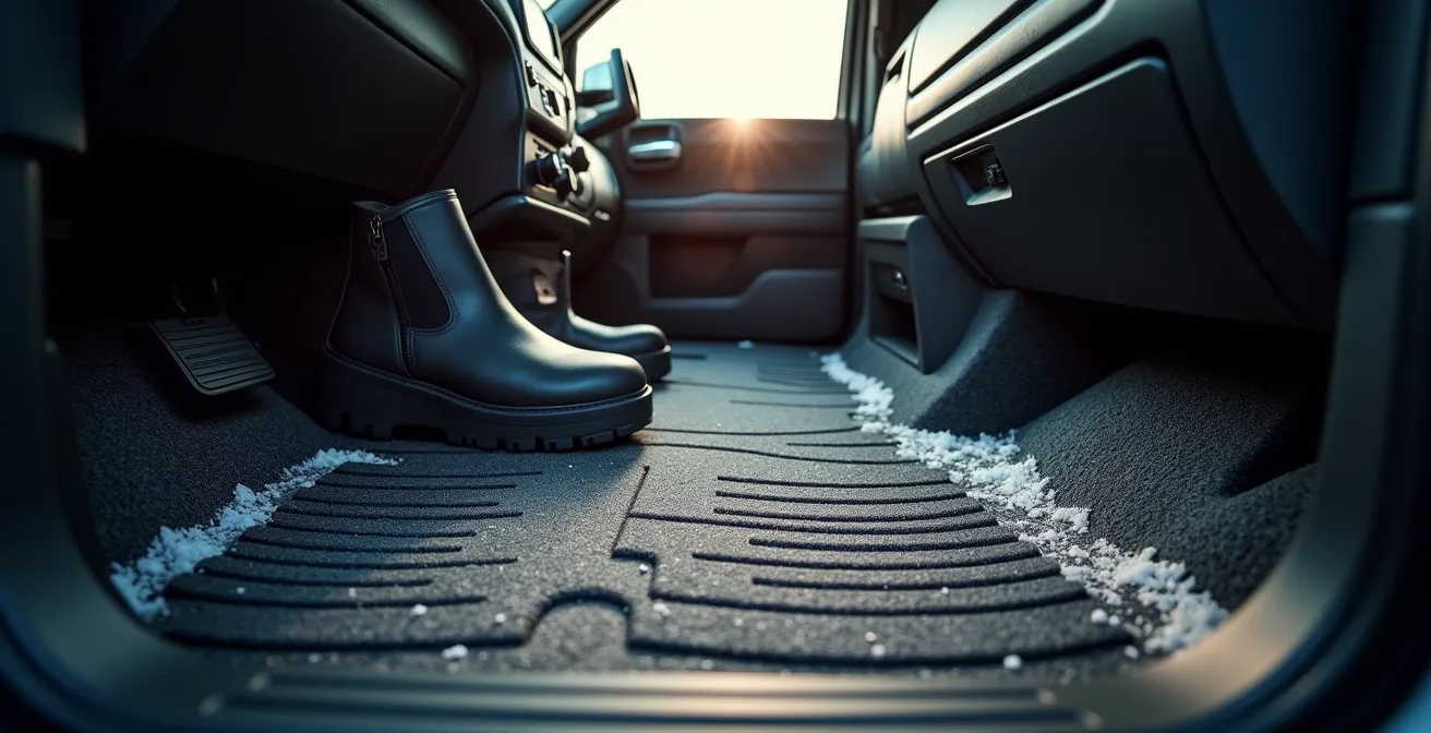 Close-up view of floor liner showing deep protective channels containing winter slush