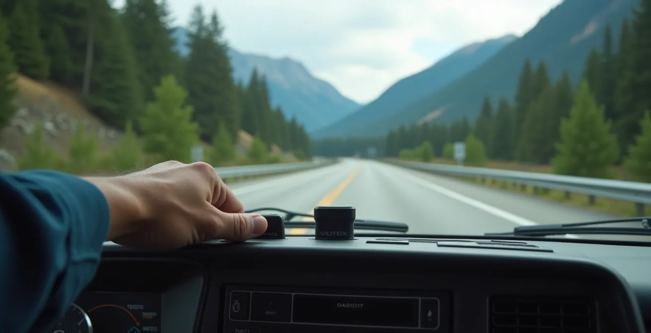 Driver's perspective showing brake controller mounted on dashboard while descending mountain pass