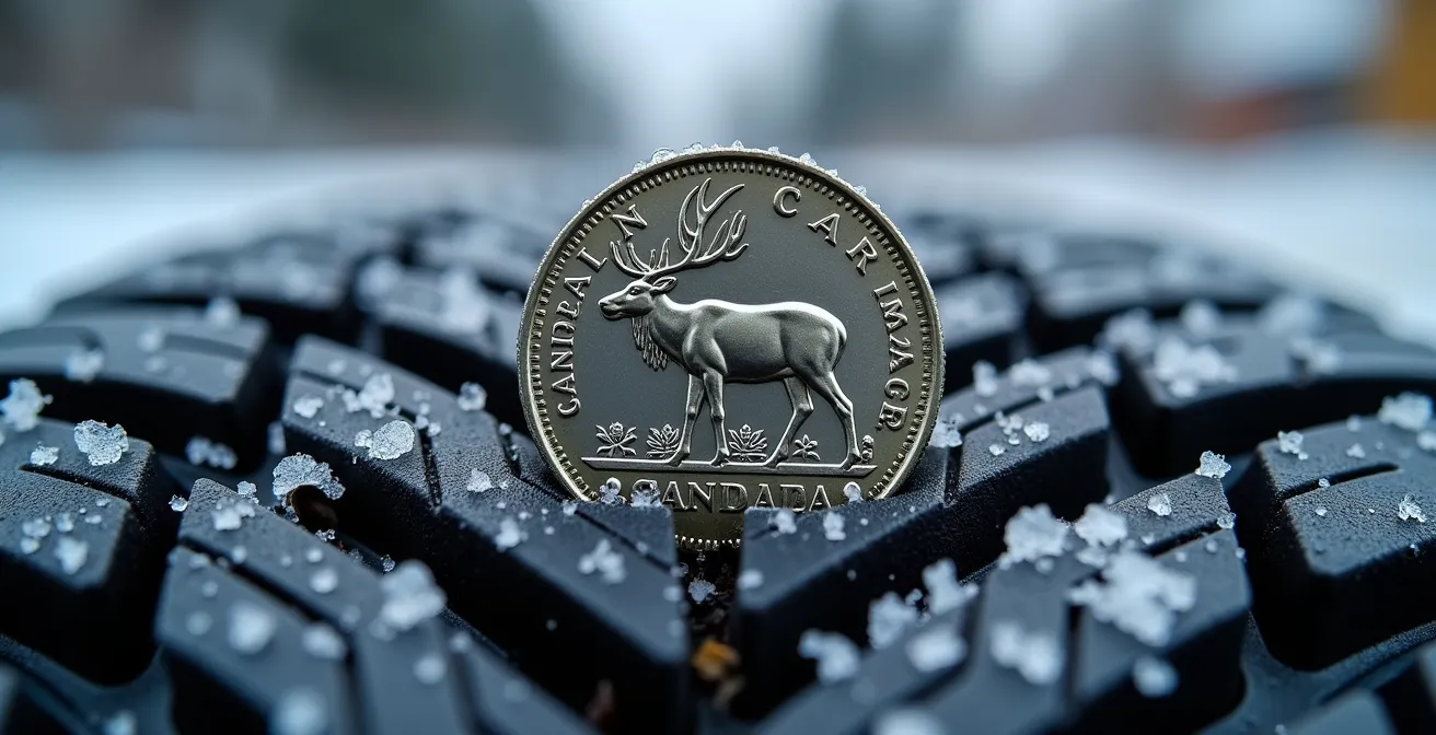 Macro shot of a Canadian quarter inserted in a winter tire tread groove, showing the caribou's nose as a measurement tool for depth.
