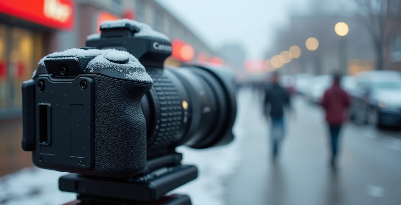 View through a rear dashcam showing a crowded Canadian winter shopping mall parking lot, with focus on the camera lens.