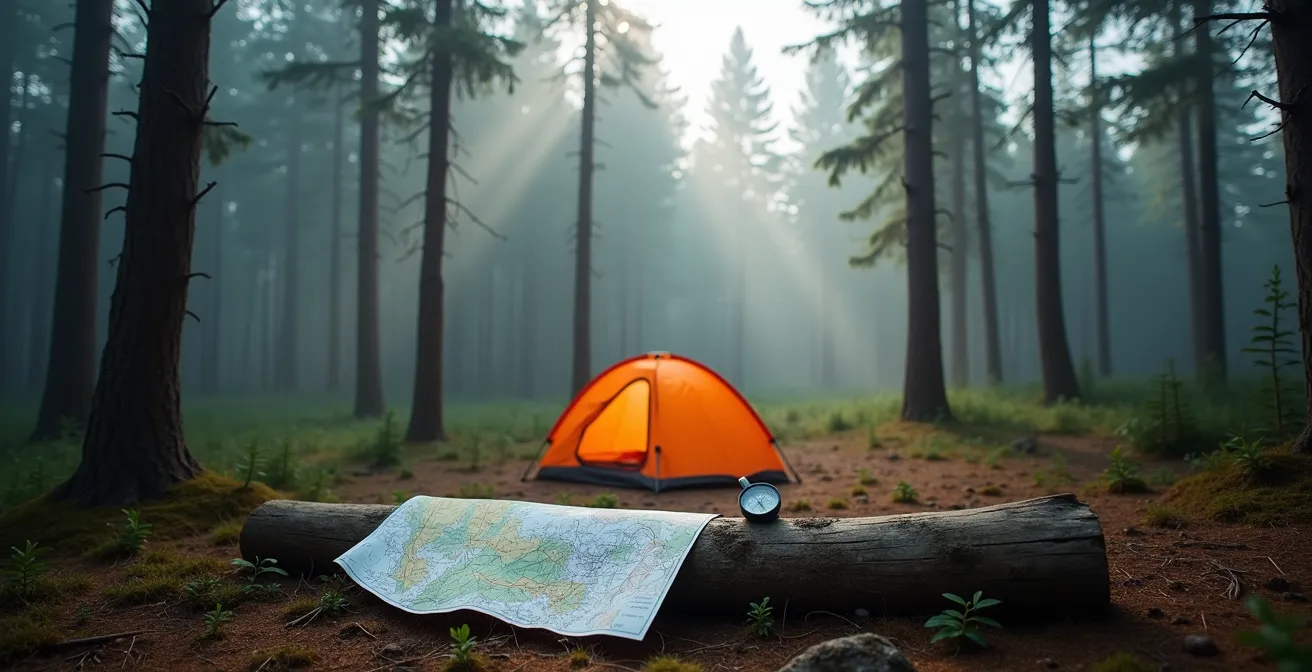 Solitary tent pitched in Canadian boreal forest clearing on Crown Land with pristine wilderness surroundings
