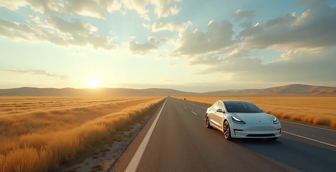 A modern electric car parked on the shoulder of a vast, empty Canadian prairie highway, with a lone charging station visible in the far distance.