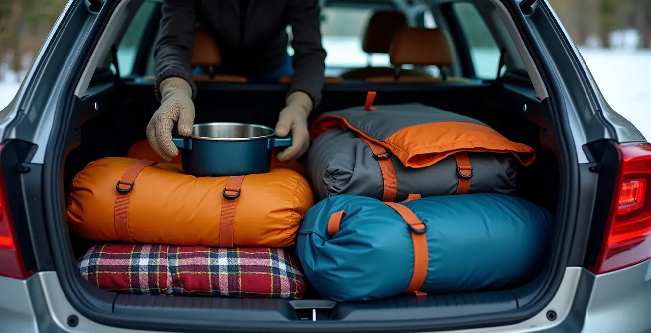 Efficiently packed sedan trunk with camping equipment