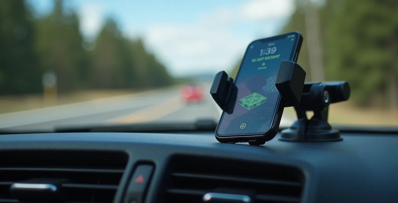 Smartphone in car mount showing driving mode activated on Canadian highway