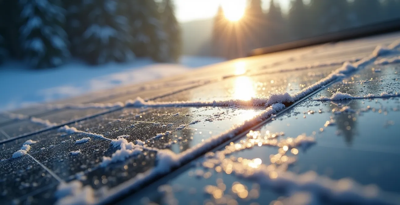 Solar panel installation on a van roof, covered in frost during a Canadian winter morning.